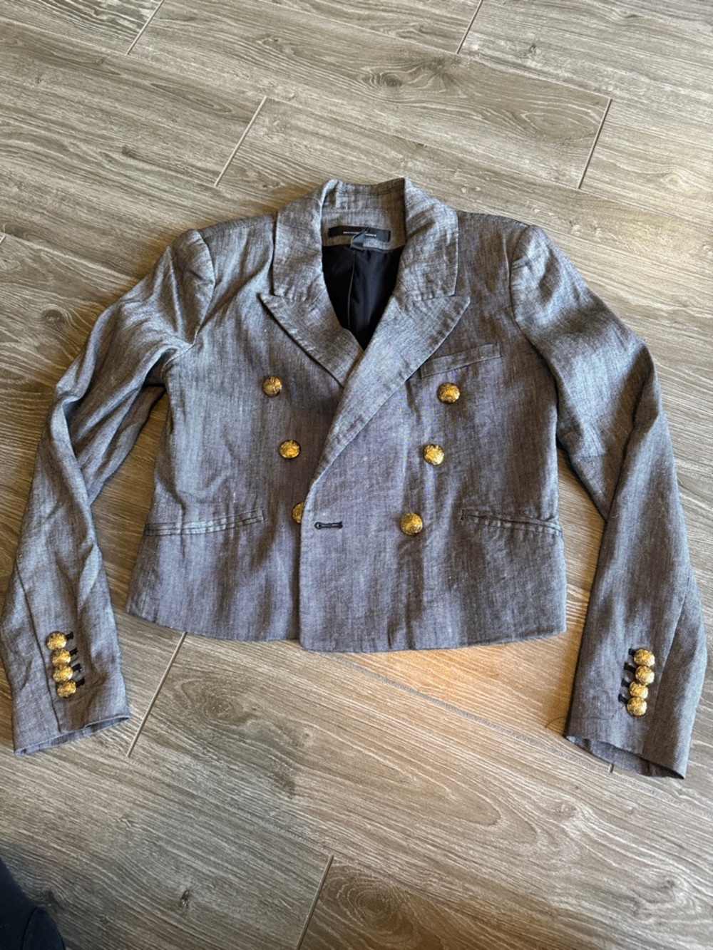White House Black Market Gray Double-Breasted Cropped Blazer with Gold Buttons